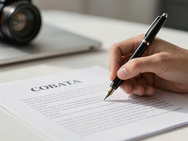 Close-up of hands signing a personal legal contract with a classic black fountain pen, clean modern workspace, bright daylight, professional and authentic atmosphere
