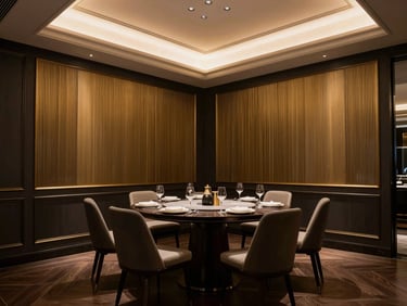 Stunning penthouse dining room with dramatic lighting highlighting fluted wall panels, warm editorial style.