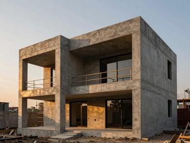 Wide shot of a luxury residential concrete structure under construction in Gurugram, dramatic sunset lighting, clean geometric scaffolding