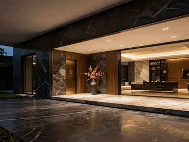 Luxurious modern villa interior with high-contrast lighting and marble nano slabs, warm editorial style.