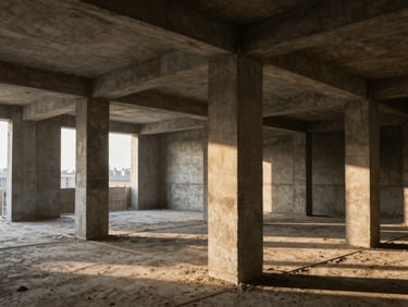 High-contrast architectural photo of an unfinished concrete residential interior, dusty construction site, raw columns, dramatic side light
