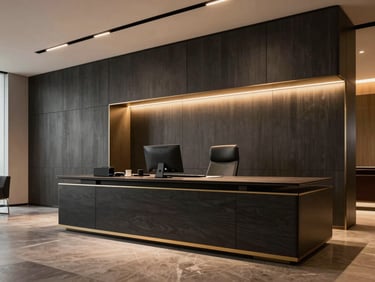 Sleek executive office interior with premium charcoal panels and modern linear lighting, warm editorial style.