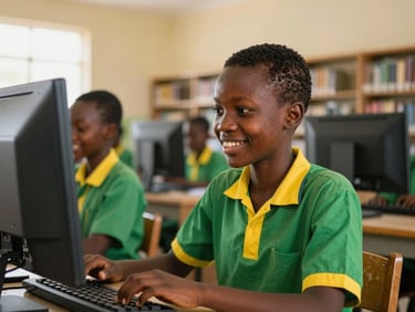 A close-up of a Cameroonian high school student in a green and yellow uniform smiling while using a desktop computer inside a bright, modern school library in Limbe, warm natural light.