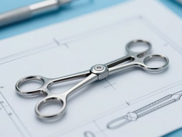 Technical blueprint of a custom surgical tool next to a manufactured prototype on a sterile surface