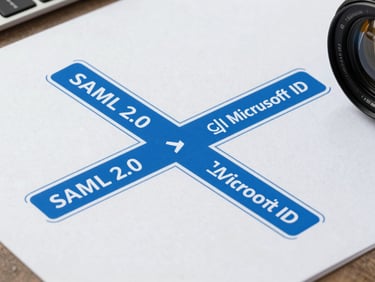 Orthogonal technical diagram showing the SAML 2.0 authentication bridge between SAP GUI desktop client and Microsoft Entra ID, clean vector lines, blueprint style, cobalt blue accents.