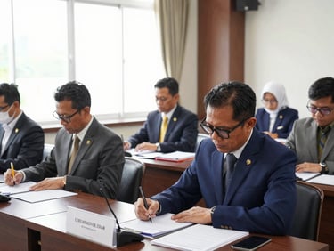 Indonesian government officials in a structured seminar room, taking professional certification exams, focused and formal, bright natural window light