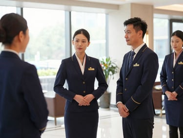 Professional hospitality staff in a luxury hotel lobby receiving English communication training, bright natural light, deep navy uniforms, editorial corporate photography