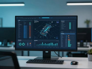 A high-end tech dashboard displaying system health metrics and server status maps, cool crisp studio lighting, modern workspace backdrop.