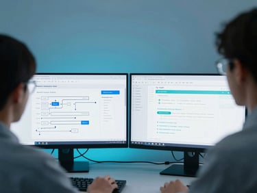 Over-the-shoulder shot of a developer analyzing a complex database integration schema on dual monitors, cool blue ambient lighting, crisp corporate photography, 35mm lens.