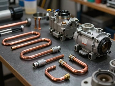 A clean, organized layout of technical tools, copper pipes, and replacement compressor valves on a dark workshop table, direct overhead lighting