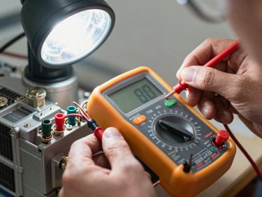 Close-up macro shot of a technician using a digital multimeter to measure voltage on an air conditioner compressor terminal, bright direct work lamp lighting, sharp focus on copper wires