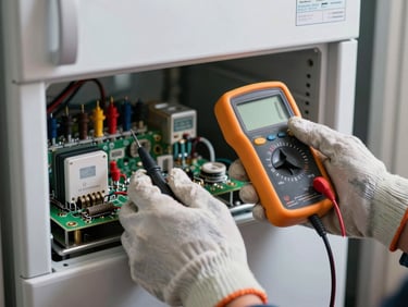 Hands wearing protective work gloves using a digital multimeter to test voltage on a refrigerator circuit board, sharp high-contrast lighting.
