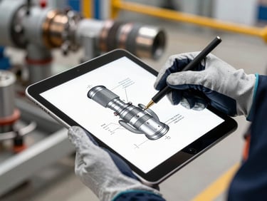 Technical drawing on a tablet held by an engineer wearing safety gloves on an industrial site.
