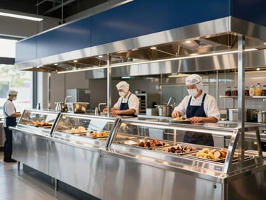 Clean, modern industrial catering facility with stainless steel counters and professional staff in PPE.