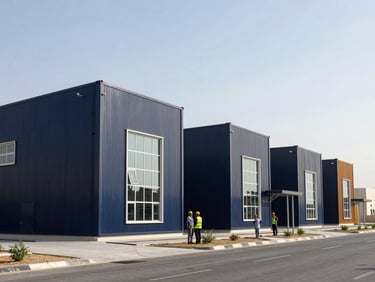 Wide angle environmental shot of a modern, clean industrial workforce housing facility in Doha, structured architectural layout, bright daylight.