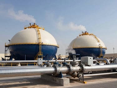 Wide panoramic LNG processing train with metallic pipes and steam under clear Doha daylight, crisp detail.