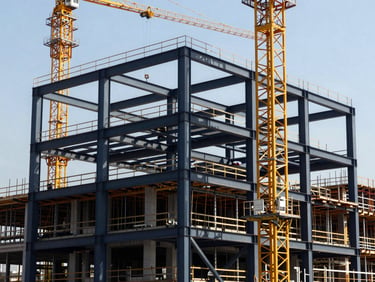 Heavy industrial construction site with structural steel frames and cranes under bright daylight.