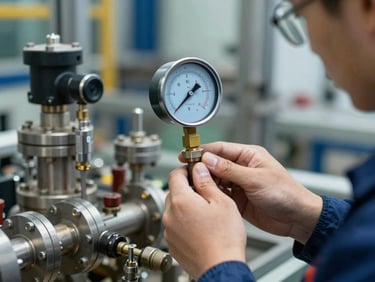 Technician calibrating a pressure gauge on a complex manifold system in an industrial plant.