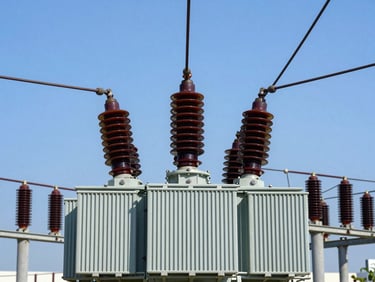 High-voltage electrical substation transformers and insulators under clear blue sky, technical view.