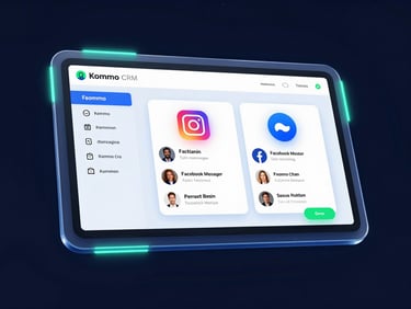 Mockup de tela mostrando a integração do Instagram e Facebook Messenger dentro do Kommo CRM, com notificações de mensagens em um ambiente futurista.