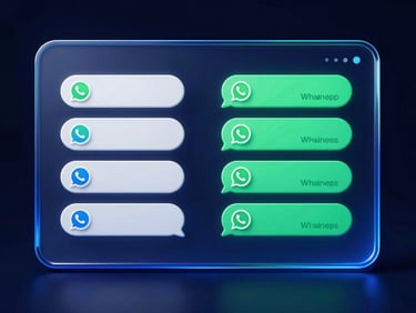 Interface de chat do WhatsApp Business com mensagens automatizadas e ícone de IA, em um display glassmorphic, com luzes neon azul.