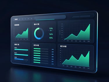 Futuristic 3D render of a sleek, dark UI dashboard with glowing neon blue and green charts and graphs, displaying real-time sales metrics and analytics, dark background, sleek glassmorphism.