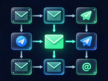 Diagrama de fluxo de e-mail e Telegram convergindo para uma plataforma central de CRM, com elementos futuristas e luzes neon verde.