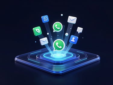Futuristic 3D render of a unified communication dashboard, showing WhatsApp, email, and social media icons flowing into a central CRM interface, glowing neon blue and green accents, dark background, sleek glassmorphism.