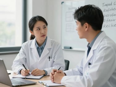 Medium shot of two researchers in conversation across a table, one with a notebook, natural window light from the left, a whiteboard partially visible in the background with handwritten notes