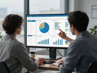 Analyst at a standing desk reviewing a data visualization dashboard on a large monitor, overcast indoor light, coffee mug and notebook visible, no posing