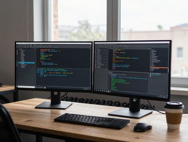 Wide shot of a developer's workspace — two monitors showing code and a running app interface, coffee cup to one side, natural light through a window behind the desk, no posed subject