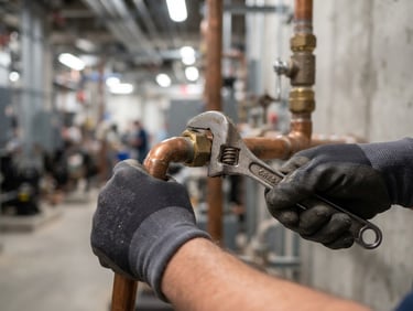 Close-up of a technician's hands holding a copper pipe and a wrench, with a blurred industrial background, bright utility lighting, sharp focus, 50mm lens. The technician is wearing work gloves.