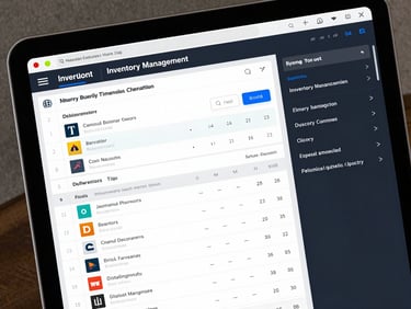Angle perspective of a clean Inventory Management dashboard UI showing stock levels, database query logs, and dark mode theme.