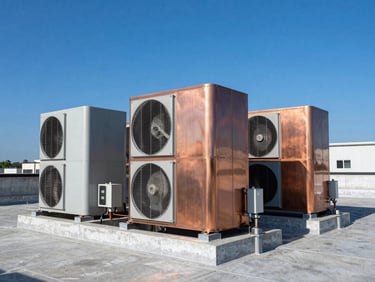 Modern industrial HVAC installations on a concrete rooftop, crisp architectural daylight, deep blue sky