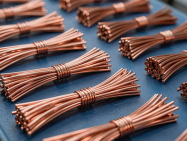 Macro shot of sorted copper scrap wire bundles in a clean industrial warehouse, warm metallic copper highlights