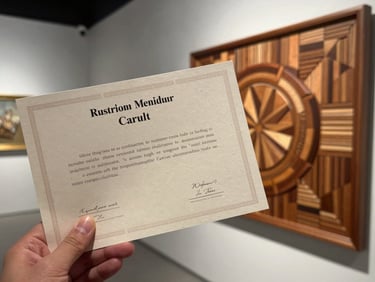 A hand holding a heavy textured paper certificate of authenticity next to a finished wood marquetry panel, soft focus, dramatic gallery lighting