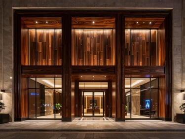 Wide panoramic 21:9 architectural shot of a luxury hotel lobby at night, a monumental triptych of dark oak marquetry glowing under dramatic gallery lighting.