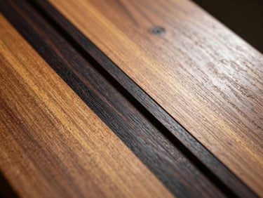 Extreme macro photograph of hand-cut wood veneer inlay, showing the microscopic precision of the joint between dark ebony and golden satinwood, sharp spotlighting