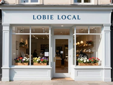 Bright daylight photo of a charming local bakery storefront with clean windows, flower boxes, and a warm inviting entrance, professional editorial style