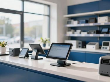 Clean modern hardware store interior, soft natural light streaming through windows, an organized counter with a modern tablet payment terminal, professional editorial style