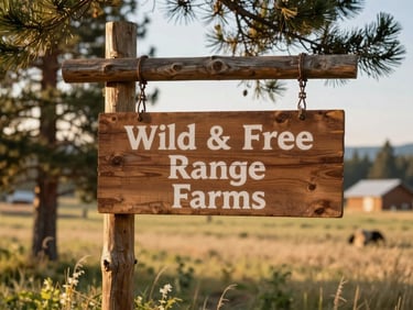 A rustic wooden farm sign reading Wild and Free Range Farms hanging from a cedar post, soft morning light filtering through pine trees, sharp focus.