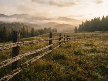 Wide-angle environmental shot of rugged Athol, Idaho landscape with timberlines in the background under soft morning mist, rustic cedar fence in the foreground.