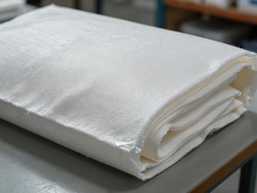 Close-up texture shot of non-woven polypropylene fabric bag on a warehouse table, showing fiber weave detail under task lighting, no people