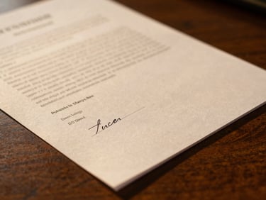 Close-up of legal documents on a dark wood desk, warm golden-hour light highlighting signed signatures, shallow depth of field.