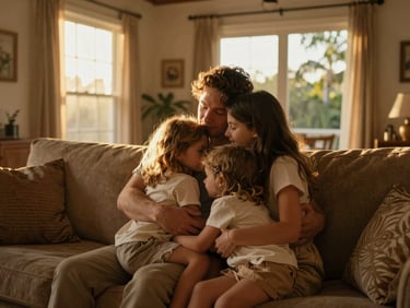 Quiet moment of a family embracing in a sunlit Florida living room, warm golden-hour light, rich earth tones, shallow depth of field