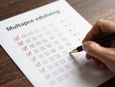 Isometric vector illustration of a multiple-choice exam sheet with neat checkmarks and score indicators.