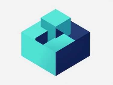 Isometric vector illustration of a digital canvas showing abstract geometric shapes in cyan and deep navy.