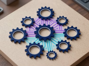 Isometric vector illustration of interconnected gear icons and structured data flows in navy, purple, and cyan.
