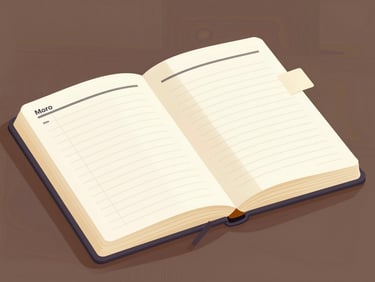 Isometric vector illustration of an open digital notebook with structured paragraphs and a clean sidebar menu.