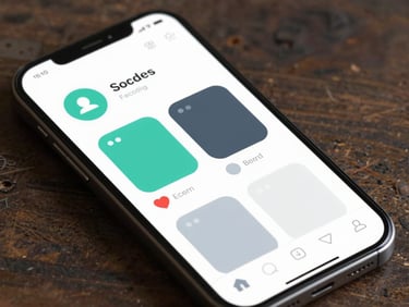 Isometric vector illustration of a mobile social feed layout with clean placeholder graphics and vibrant accent details.